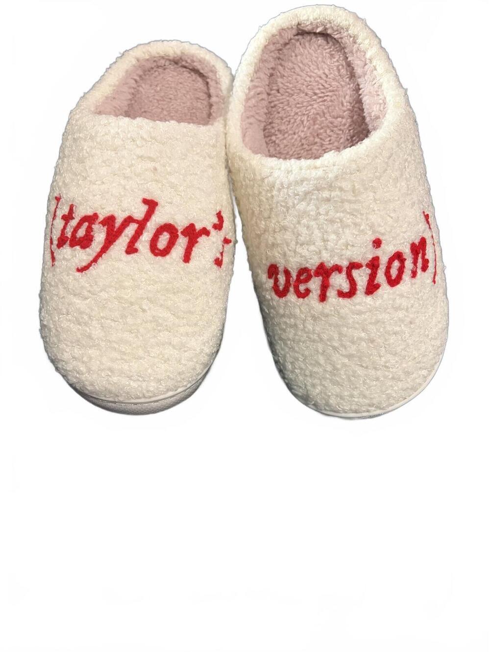 Taylor Swift Cozy White Slippers with Red Text "(taylor's version)"